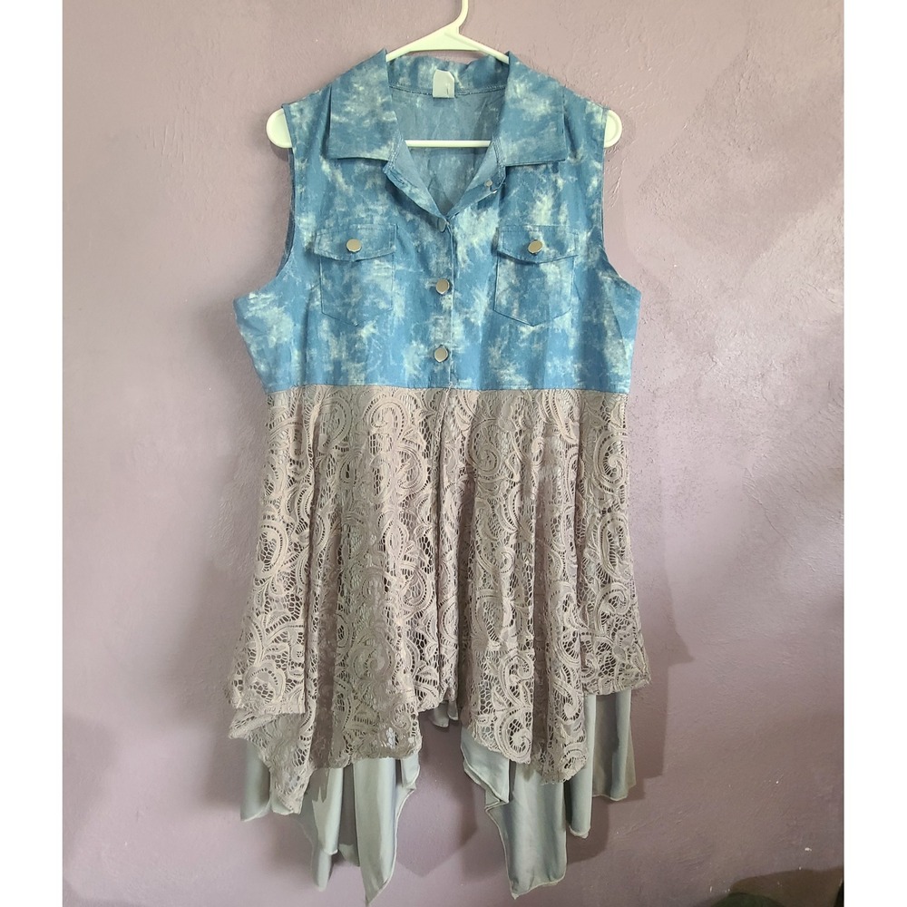 J.C Fashion Tunic Women 3XL Blue Taupe Tie Dye Lace Mixed Media Sharkbite Hem